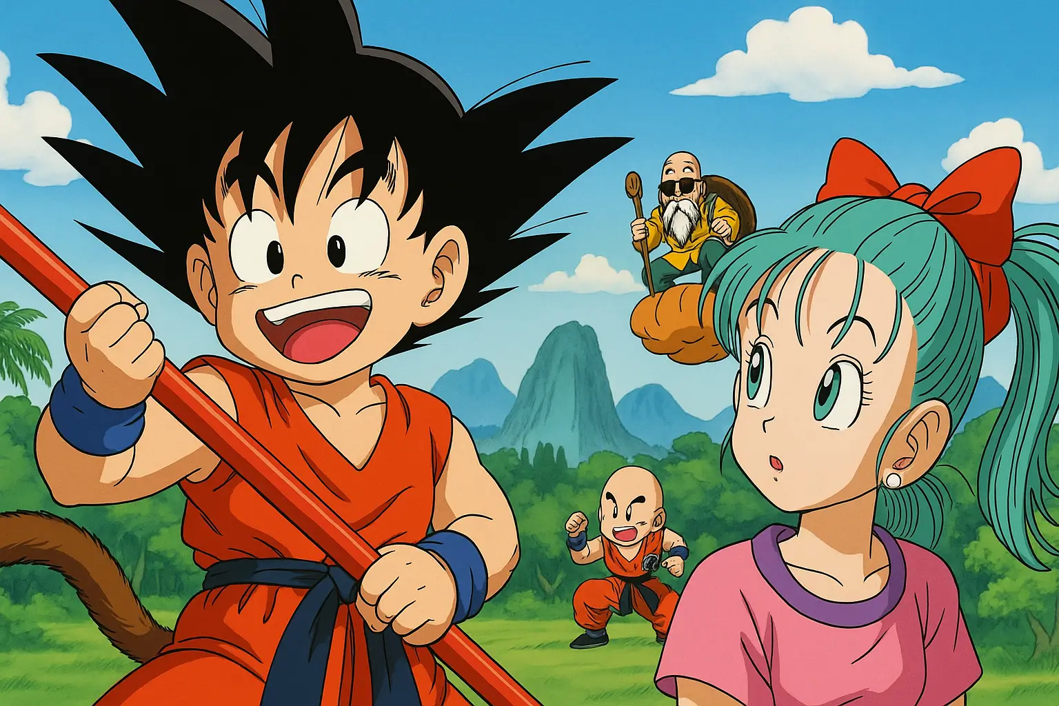 Personagens do mangá clássico de Dragon Ball — Goku, Bulma, Kuririn e Mestre Kame — em paisagem de aventura ao estilo anime.